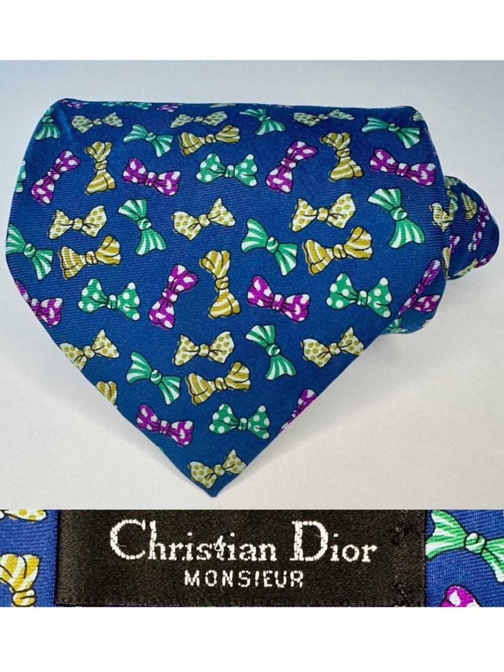Vintage DIOR MONSIEUR Luxury Blue Bow Tie Patterned Classic Silk Tie, 4”